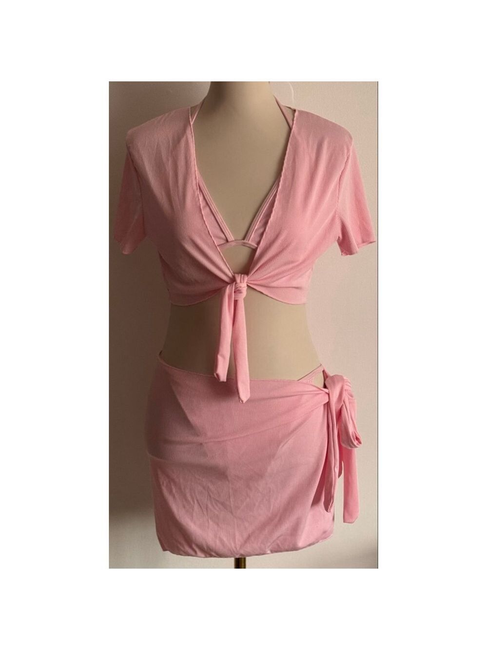 Women's Unbranded Pink Ribbed Bikini 4 PC Set with Cover-Up Skirt XL